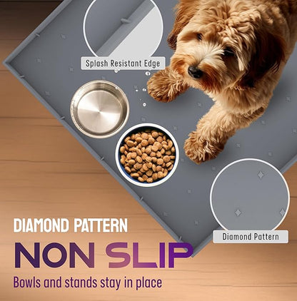 32x24x1” XL Dog Food Mat - All Purpose Silicone Pet Food Mat, Cat Litter Mat, Under Sink Mat - Raised Edges Dog Mat for Food and Water Prevent Spill, Waterproof Cat Food Mat Protect Floors