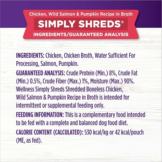 Wellness Bowl Boosters Simply Shreds Natural Grain Free Wet Dog Food Mixer or Topper, Wild Salmon & Pumpkin , 2.8-Ounce Pouch (Pack of 12)