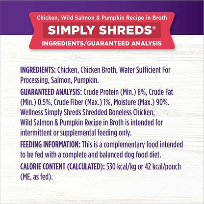 Wellness Bowl Boosters Simply Shreds Natural Grain Free Wet Dog Food Mixer or Topper, Wild Salmon & Pumpkin , 2.8-Ounce Pouch (Pack of 12)