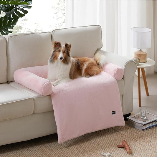 Allisandro Calming Dog Bed Mat, Washable Couch Cover for Dogs, Comfort and Anti-Slip Sofa Dog Bed with Bolster, Waterproof Furniture Protector Cover for Pets, 42x38x5 Inches, Pink