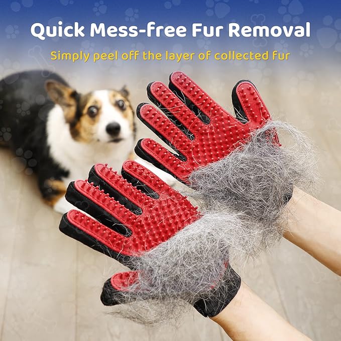 Upgrade Version Pet Grooming Glove - Gentle Deshedding Brush Glove - Efficient Pet Hair Remover Mitt - Enhanced Five Finger Design - Perfect for Dog & Cat with Long & Short Fur - 1 Pair