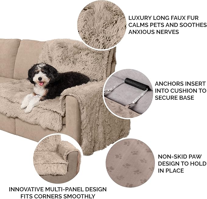 Furhaven Corner Cushion Seat Cover for Dogs & Cats, Washable, For Couches, Sectional Sofas, & L Shaped Couches - Snuggle Spot Shaggy Long Faux Fur Corner Throw - Taupe, One Size