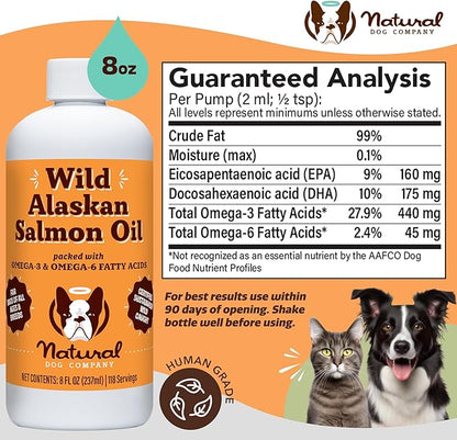 Natural Dog Company Pure Wild Alaskan Salmon Oil for Dogs (8oz) Skin & Coat Supplement for Dogs, Dog Oil for Food with Essential Fatty Acids, Fish Oil Pump for Dogs, Omega 3 Fish Oil for Dogs