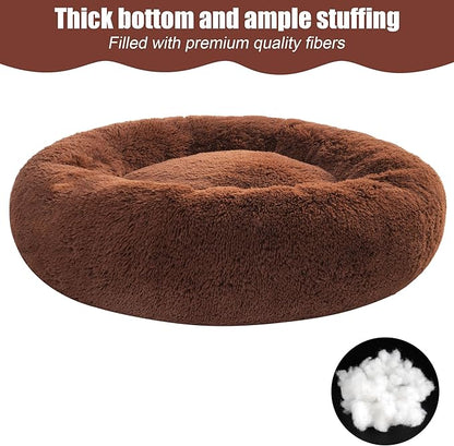 23" Calming Dog Bed,Anti Anxiety Donut Dog Bed,Plush Round Pet Beds for Small Dogs,Fluffy Faux Fur Cat Bed,Washable Cuddler Dog Bed(Brown,Small)