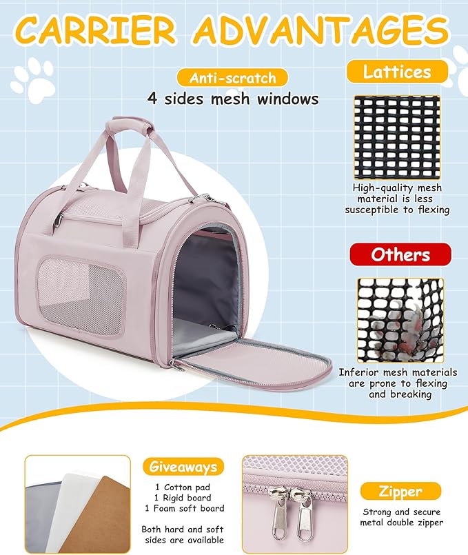 Cat Carrier Soft, Pet Dog Carrier Soft-Sided Airline Approved, Pet Travel Carrier Up to 20lbs, Collapsible Cat Carrier Dog Carrier for Medium Cats Small Dogs, Pink