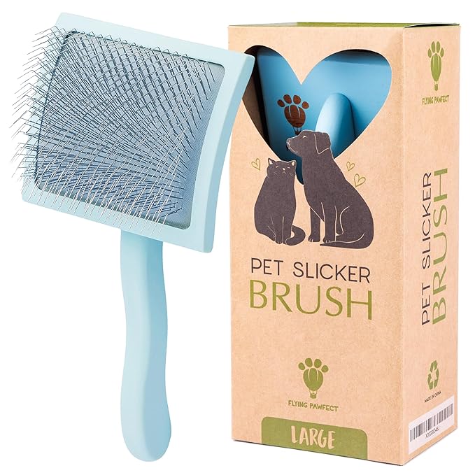 Pet Slicker Brush With Soft Massage Grooming Stainless Steel Pins - For Dematting, Shedding Fur, and Undercoat - Ideal Gift for Professional Pet Groomers - Long Slicker Brush - Flying Pawfect