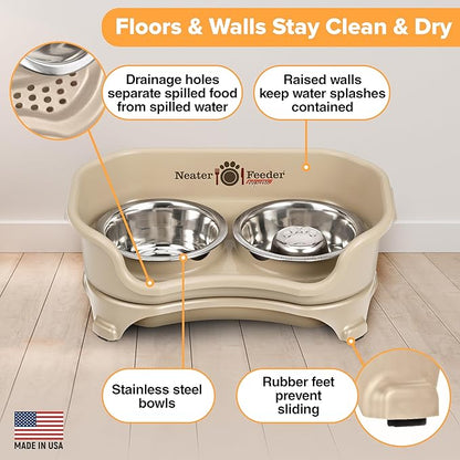 Neater Feeder - Express Model w/Slow Feed Bowl - Mess-Proof Dog Bowls (Small, Almond) Made in USA – Elevated, No Spill, Non-Tip, Non-Slip, Raised Stainless Steel Food/Water Pet Bowls Aid Digestion