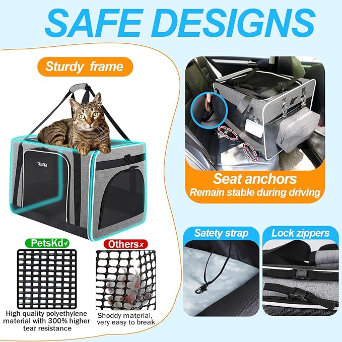 Petskd Large Pet Carrier with Wheels 24"x17"x17" for Large Cats, Pet Carrier for 2 Cats or Medium Dog, Cat Carrier for Car Travel with Litter Box and Bowl, Cat Soft Carrier with Locking Zipper(Grey)