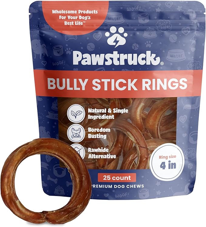 Pawstruck All-Natural 4" Bully Stick Rings for Dogs - Rawhide Free 100% Beef Single Ingredient Dental Chew Treat Bones - Fully Digestible Low Odor - Bulk 25 Pack - Packaging May Vary