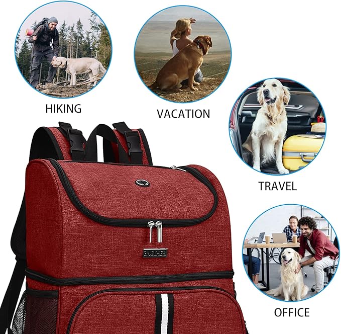 BAGLHER Pet Travel Bag, Double-Layer Pet Supplies Backpack (for All Pet Travel Supplies), Pet Travel Backpack with 2 Silicone Collapsible Bowls and 2 Food Baskets Red