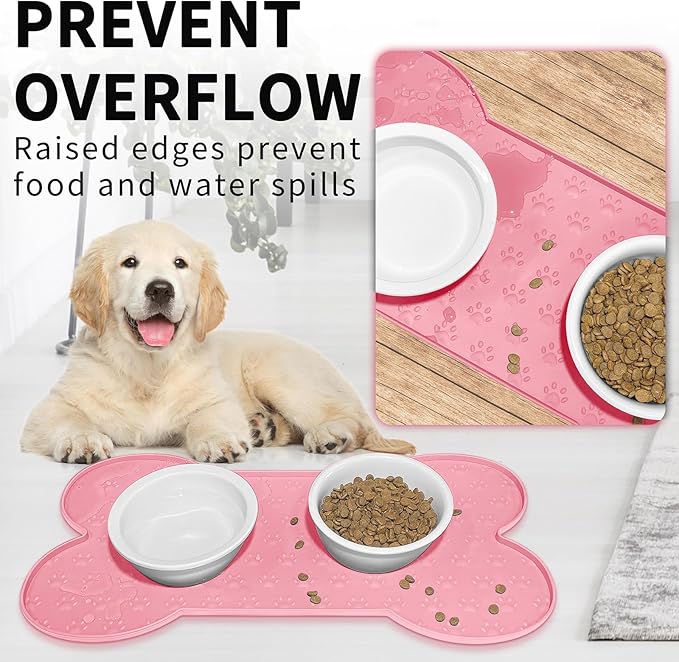 Dog Food Mat Anti-Slip Silicone Dog Bowl Mat Thicker Pet Placemat Waterproof Cat Feeder Pad with Raised Edge Puppy Kitten Feeding Mats Suitable Small Medium-Sized Dogs Cats Eating Tray