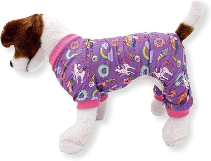 Dog Pajamas Soft COTTON Blend Jumpsuit Cute Pet Clothes for Small Medium Pet (Lavender Unicorns, XS: Length 10", Chest 12" - 16")