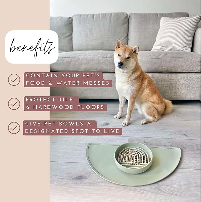 Waterproof Silicone Pet Food Mat - Non-Slip, Spill-Proof Feeding Mats for Floors, Raised Edge Design, Easy-to-Clean, Durable Flexible Rubber Mat for Dog & Cat Bowls, Medium-Sage Green