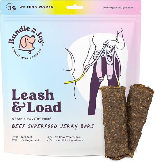 Leash & Load Dog Treats Beef Jerky Snack Bars, 5 oz Bag, Puppy and Dog Training Treats, Natural Superfood Grain Free Dog Treat Made with Real Beef, Superfoods, Corn, Poultry & Soy Free