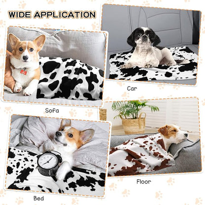 Rezutan Dog Blankets for Largel Dogs,3 Pack Dog Cat Soft Fuzzy Blankets Washable,Comfort Flannel Cow Print,Fuzzy Soft Pet Mat Blankets,Pet Blanket,Reversible Print,42x32 inch Brown White Cow Print.