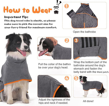 Microfibre Dog Bathrobe Dog Towel Wrap Super Absorbent Dog Drying Coat Bath Robe for Puppy, Medium & Large Dogs, Fast Drying, Adjustable, for Pet Dogs & Cats