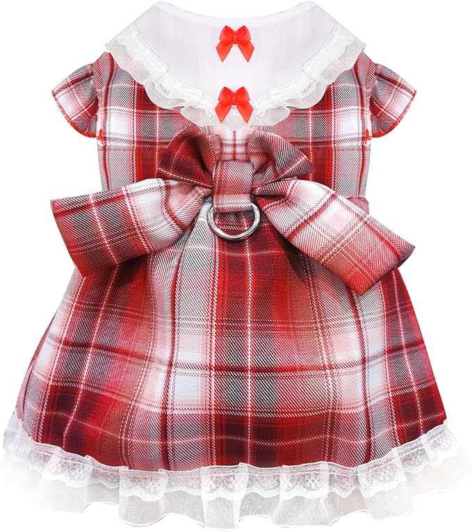 Plaid Dog Dress for Small Dogs Cats Bowknot Girl Dog Clothes with D-Ring Cute Princess Pet Puppy Dresses Spring Summer Pet Outfits for Chihuahua Yorkies Shih Tzu（Red