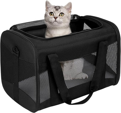 Cat Carrying Case - Pet Carrier Airline Approved, Protable and Breathable Pet Travel Carrier Removable Fleece Pad, Collapsible Cat Carrier Dog Carrier for Medium Cats Small Cats Dogs(Medium, Black)