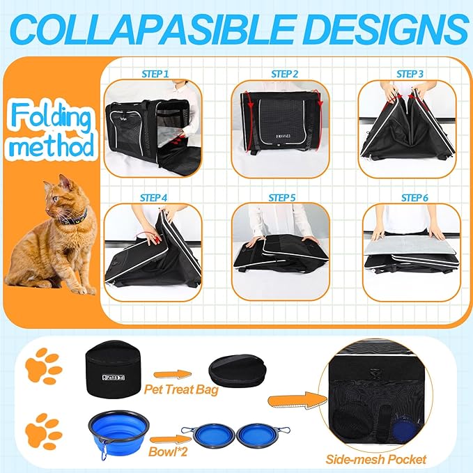 Petskd Pet Carrier 24"x17"x17" for Large Cats Dogs, Pet Carrier for 2 Cats or Medium Dog, Cat Soft Carrier for Car Travel and Hospital with 1 Box, 2 Bowls and Locking Safety Zipper(Black)