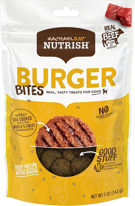 Rachael Ray Nutrish Burger Bites Real Meat Dog Treats, Beef Burger with Bison Recipe, 5 Ounce (Pack of 5), Grain Free