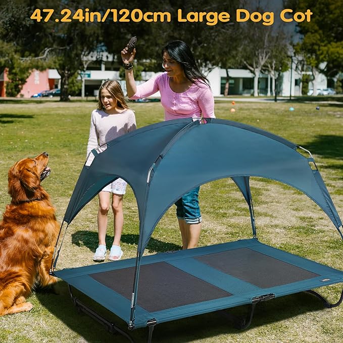 47 Inch Elevated Cooling Large Dog Bed with Removable Canopy, Raised Dog Beds for Large Dogs with Washable Breathable Mesh, Dog Cot for Big Dogs, Indoor/Outdoor Dog Bed with Canopy