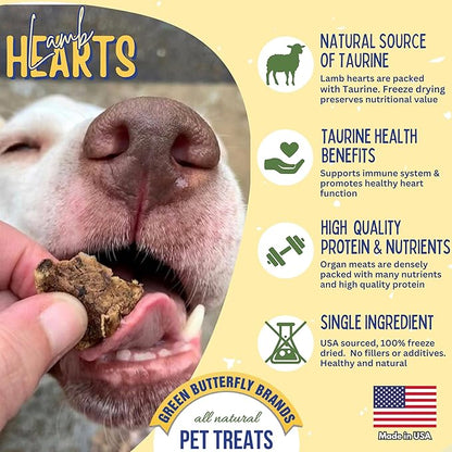 Freeze Dried Lamb Heart Dog Treats Made in USA. All Natural Freeze-Dried Raw Snacks for Dogs and Cats. Single Ingredient. High Protein. Heart Health. Irresistible Training Treat