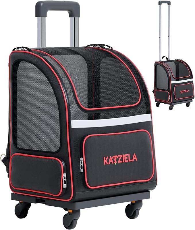 Katziela 4 Wheeled Pet Carrier Backpack - Soft Sided, Airline Approved Hiking Carrying Bag for Small Dogs and Cats – Removable Rolling Wheels – Mesh Ventilation Windows, Storage Pockets (Black/Red)