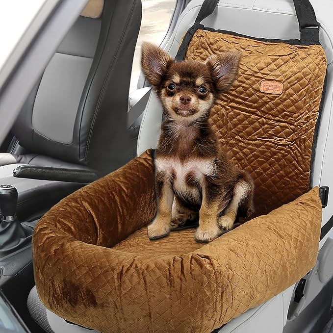 X AUTOHAUX Dog Car Pet Booster Seat Warm Flannel Puppy Bed Blankets Travel Safety Carriers Detachable Washable Cover with Seat Belt for Medium Small Sized Pet Up to 35lbs Coffee