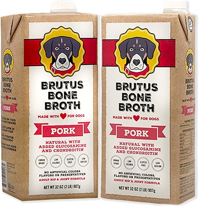 Brutus Bone Broth for Dogs | All Natural | Made in USA | Glucosamine & Chondroitin for Healthy Joints | Human Grade Ingredients | Hydrating Dog Food Topper, Gravy & Treat (Pork, 2-Pack)