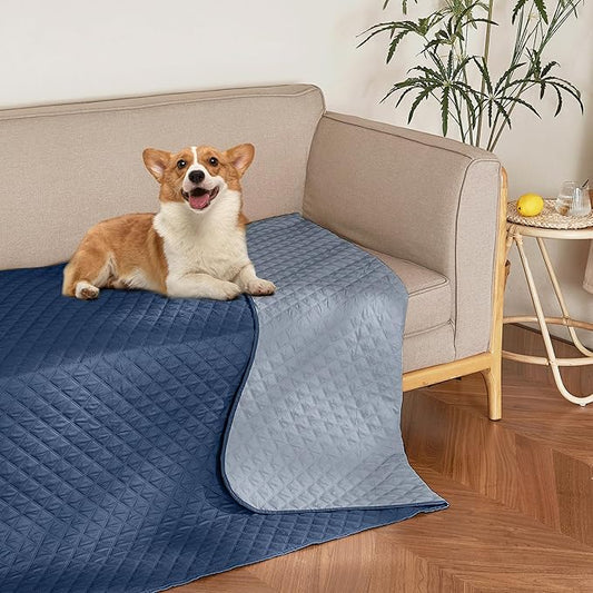 NICETOWN Waterproof Throw Blanket for Dogs & Indoor Cats, Washable Pet Furniture Floor Protector for Medium Large Dog Reversible Couch Cover, 52" Wide x 82" Long, 1 Panel, Navy/Stone Blue