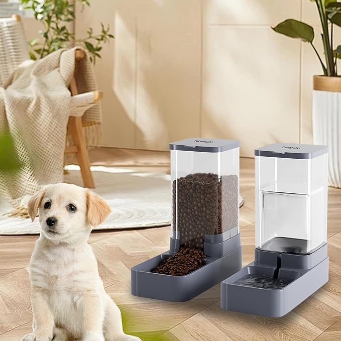 Automatic Cat Feeder and Water Dispenser with Pet Food Bowl,Gravity Food Feeder and Waterer Dispenser in Set for Small Medium Dog Puppy Kitten Rabbit Bunny Large Capacity(3.8L x 2)