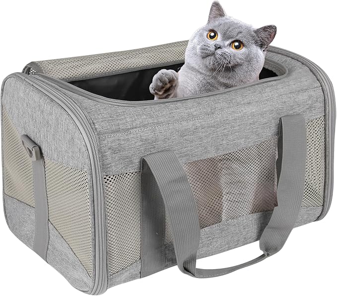 Cat Carrying Case - Pet Carrier Airline Approved, Protable and Breathable Pet Travel Carrier Removable Fleece Pad, Collapsible Cat Carrier Dog Carrier for Medium Cats Small Cats Dogs (17*11*11 grey)