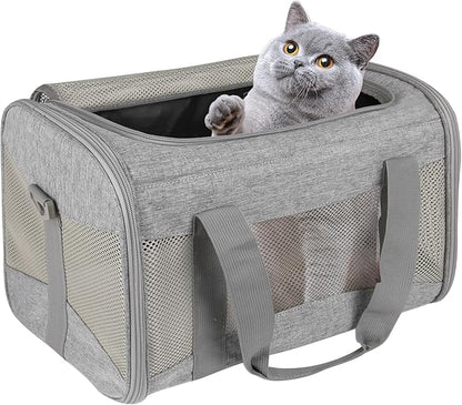 Cat Carrying Case - Pet Carrier Airline Approved, Protable and Breathable Pet Travel Carrier Removable Fleece Pad, Collapsible Cat Carrier Dog Carrier for Medium Cats Small Cats Dogs (17*11*11 grey)