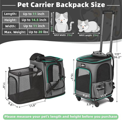 Cat Carrier Backpack with Wheels, Expandable Rolling Pet Carrier with Breathable Mesh, Removable Cat Dog Backpack Carrier with Storage Pocket for Small Medium Cat Dog Under 20LBS