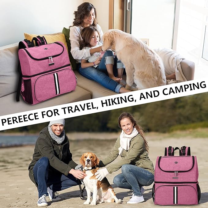 BAGLHER Pet Travel Bag, Double-Layer Pet Supplies Backpack (for All Pet Travel Supplies), Pet Travel Backpack with 2 Silicone Collapsible Bowls and 2 Food Baskets Pink