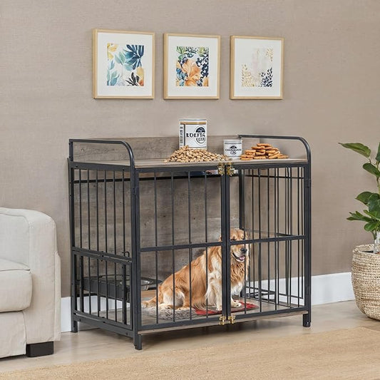 NicBex Dog Crate Furniture Dog Cage with 2 Adjustable Feeding Bowls