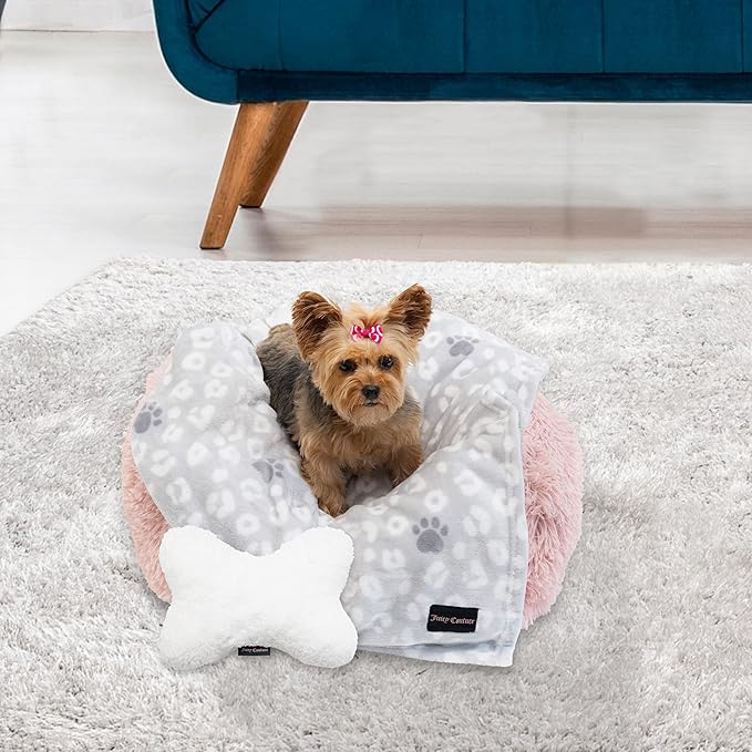 Juicy Couture Grey Leopard with Paws Dog Blanket with Sherpa Bone Shaped Pillow – Plush Puppy Blanket Throw