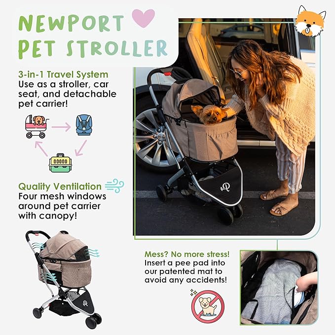 Petique 3-in-1 Newport Pet Stroller (Travel Carrier + Car Seat + Stroller) 360º Front 45LBS –