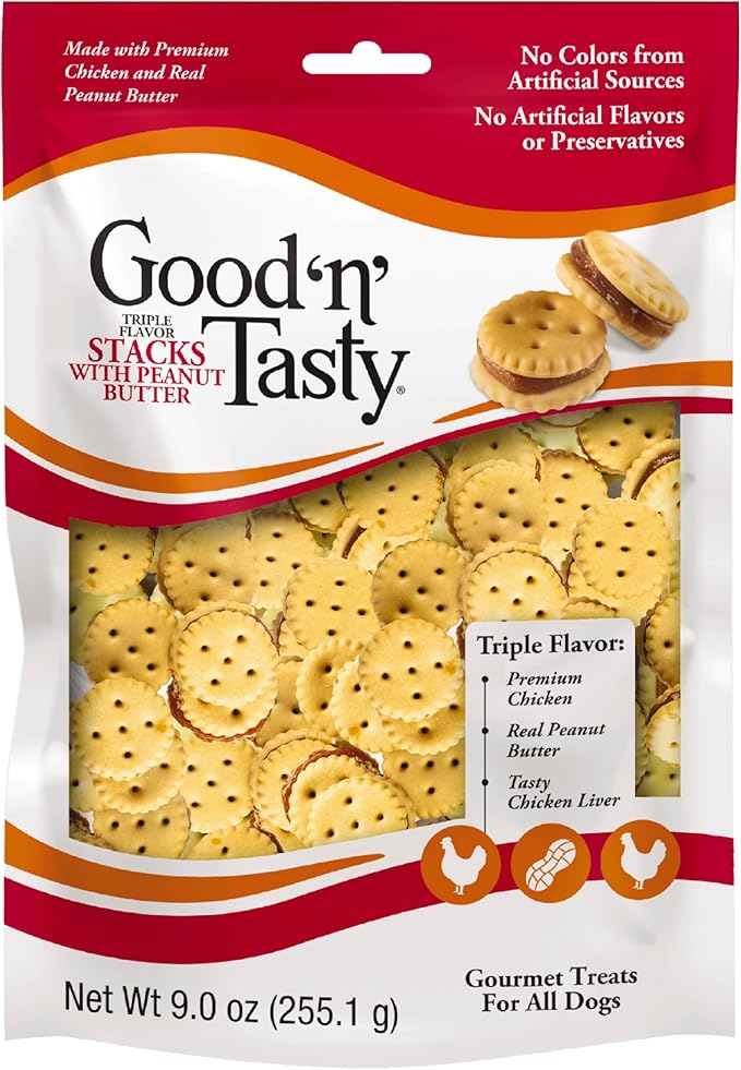 Good 'n' Tasty Triple Flavor Stacks with Peanut Butter, 9 Ounces, Bite Sized Snacks for Dogs with Premium Chicken and Real Peanut Butter