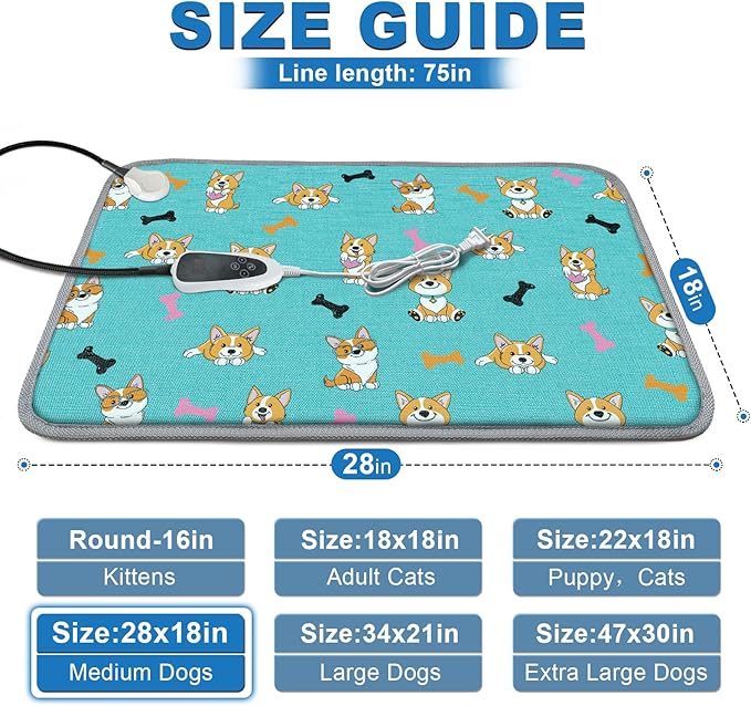 Dog Heating Pad for Dogs 28x18in Waterproof Pet Heating Pad Smart Thermostat Switch