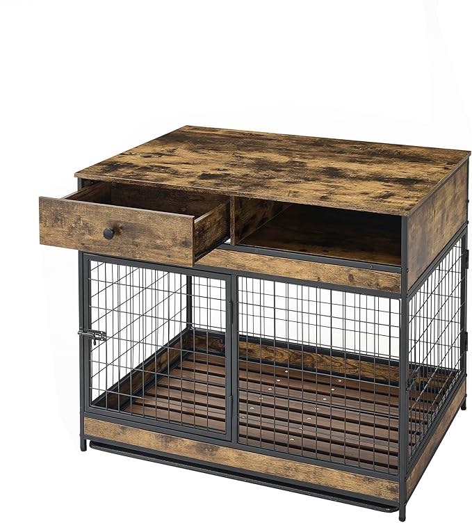 Okak Dog Crate Furniture Wooden Dog Crate Table with Drawers and Wheels Heavy Duty Dog Cage with Double Iron Doors Dog Kennel Indoor for Medium/Large Dog Brown,38.78" L