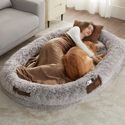 WNPETHOME Human Dog Bed for Adult, 71" x 46" Large Human Size Dog Bed for People with Blanket&Pillow, Washable Gaint Human Dog Bed for Families&Pets Napping