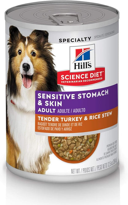 Hill's Science Diet Sensitive Stomach & Skin, Adult 1-6, Stomach & Skin Sensitivity Support, Wet Dog Food, Chicken & Barley Stew, 12.5 oz Can, Case of 12