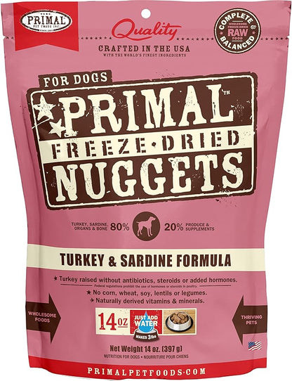 Primal Freeze Dried Raw Dog Food Nuggets, Turkey & Sardine Complete & Balanced Meal, Also Use as Topper or Treat, Premium, Healthy, Grain Free, High Protein Raw Dog Food, 14 oz