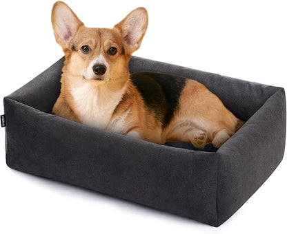 Wipe-Clean Dog Bed for Medium Size Dog, Rectangle Cuddle Orthopedic Foam Pet Bed with Sides, All-Season Comfort Washable Dog Bed with Reversible Pillow Cushion Insert (Gray, M)