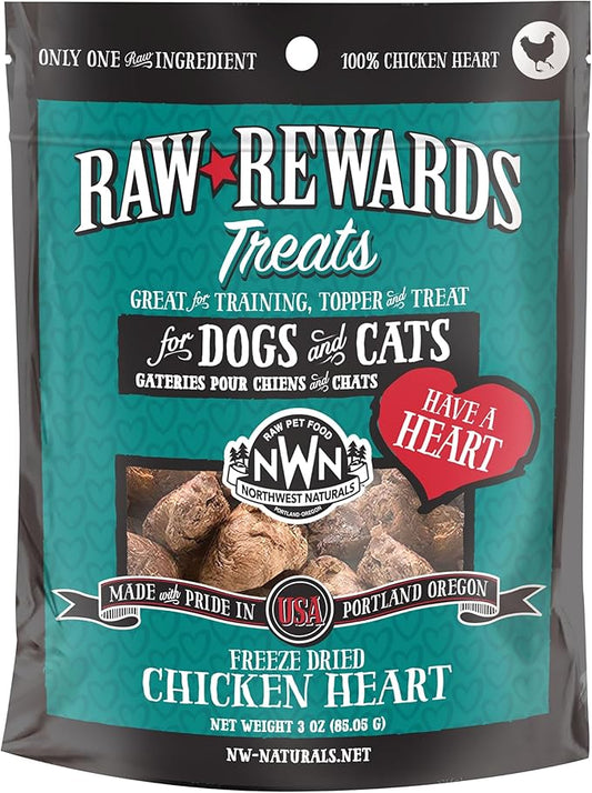 Northwest Naturals Raw Rewards Freeze-Dried Chicken Heart Treats for Dogs and Cats - Bite-Sized Pieces - Healthy, 1 Ingredient, Human Grade Pet Food, All Natural - 3 Oz (Packaging May Vary)