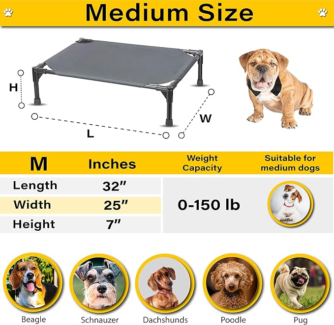 Elevated Dog Bed Raised Dog Bed Cot Bed Small Medium Large Dogs Outdoor Cooling Dog Bed Pet Cat Bed Breathable Mesh Washable (Medium 32''L x 25''W)