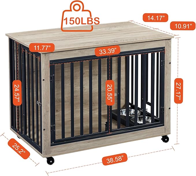 NicBex Dog Crate Furniture Dog Cage with Adjustable Feeding Bowls and 3 Doors