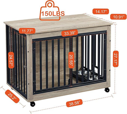 NicBex Dog Crate Furniture Dog Cage with Adjustable Feeding Bowls and 3 Doors