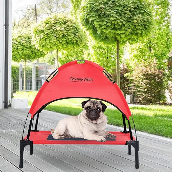 S/M/L Outdoor Elevated Dog Cot with Canopy & Side Shade for Camping Small Medium Dogs (Carry Bag)